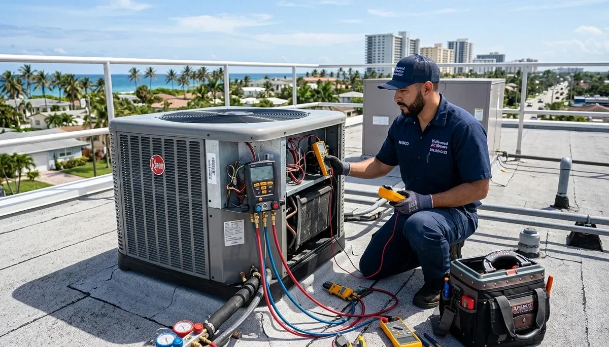 Professional AC repair technician servicing air conditioner in Fort Lauderdale FL home