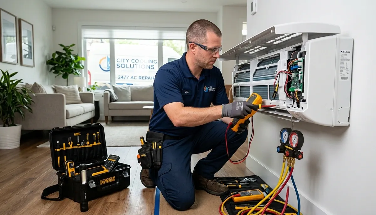 Technician performing AC repair on residential unit in Fort Lauderdale, FL