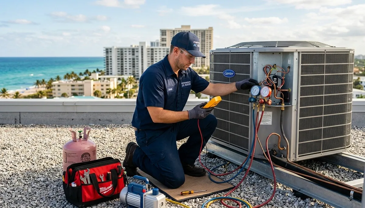 Professional AC repair technician servicing air conditioner in Fort Lauderdale FL home